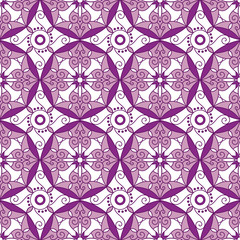Abstract Geometric Seamless Pattern with Floral Ornament in Purple and Rose Pink Color.