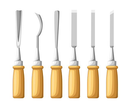 Instrument for carving. The chisels set on wood texture. Flat vector illustration