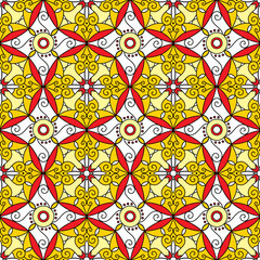 Abstract Geometric Seamless Pattern with Floral Ornament in Red and Yellow Color.