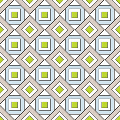 Geometric seamless Pattern with Squares in Beige, Lime Green and Blue Color. 