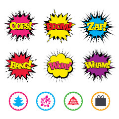 Happy new year sign. Christmas tree and gift box.