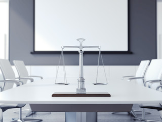 Justice scales on the white table. 3d rendering