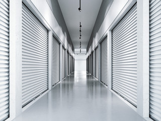 Storage facilities with white doors. 3d rendering