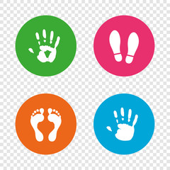 Hand and foot print icons. Imprint shoes symbol.