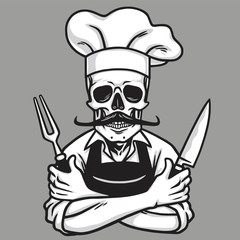 Naklejka premium Dead Skull Chef Grinning with Fork, Knive, and Hat. Vector Drawing