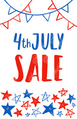 Fourth of July flyer template. Independence Day sale. Vector hand drawn illustration