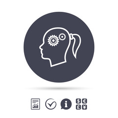 Head with gears sign icon. Female woman head.