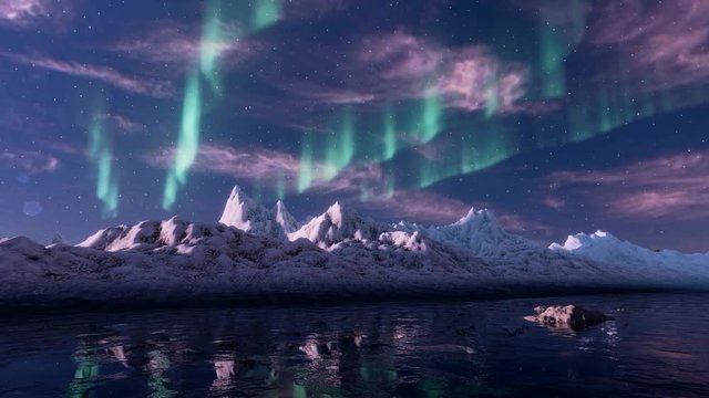 Aurora borealis with snowy mountains and sea water. Hyper lapse, UHD