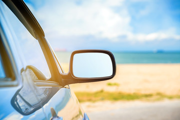 Road trip car on the beach, Summer holiday and car travel concept.