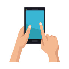 hand holding black smartphone touching blue screen vector illustration