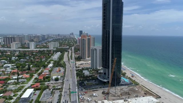 Aerial video Porsche Design Tower Sunny Isles Beach orbit