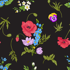 Seamless pattern with poppy flowers, daffodils, anemones, violet