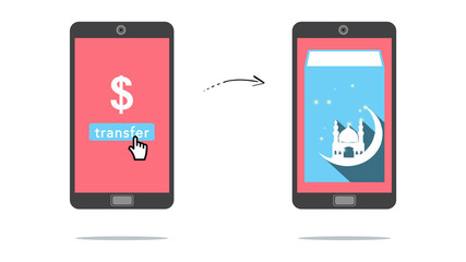 Sending money as a gift or donation for celebration of Breaking the Fast Festival. Text of Salam Aidilfitri (English translation of Festival of Breaking Fast).