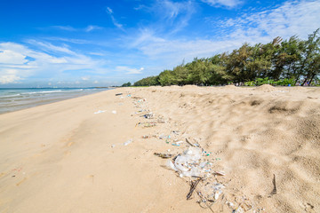 Pollution on the beach of tropical sea.