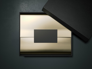 Black box with gold wrapping paper and business card. 3d rendering