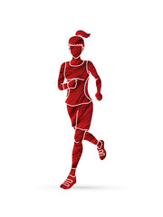 Running woman, sport woman sprinter, marathon runner designed using red grunge brush graphic vector