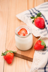 Strawberry Yoghurt. Healthy food with Strawberries and yoghurt breakfast on table.