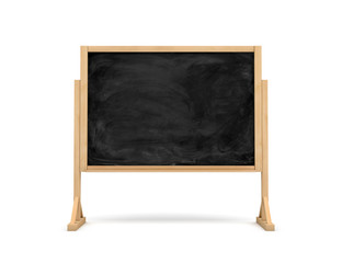 Obraz premium 3d rendering of a black rectangle school chalkboard on a wooden stand isolated on white background.