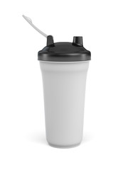 3d rendering of white shaker with black covers on white background.