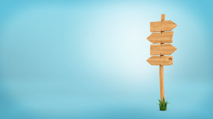 3d rendering of a wooden pole with some grass on it's base and four blank arrows on the top.