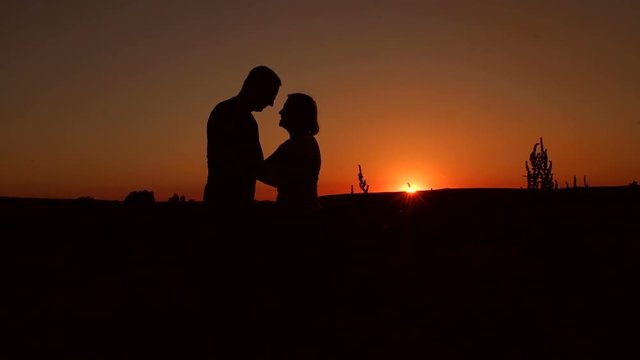 Silhouette of elderly couple in love at sunset in the field. Loving elderly couple hugging and kissing at sunset.