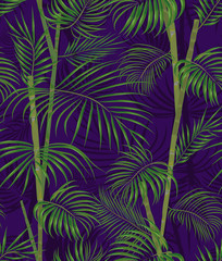 Fototapeta na wymiar Seamless hand drawn tropical pattern with palm leaves, jungle exotic leaf on dark background