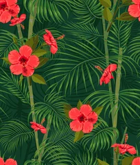Tuinposter Seamless hand drawn tropical pattern with palm leaves, jungle exotic flower on dark background © zzayko