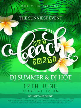 vector illustration of beach party poster with hand lettering text and tropical leaves - palm, mostera on sea beach background