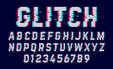 Trendy style distorted glitch typeface. Letters and numbers