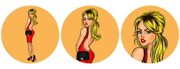 Vector illustration, womens pop art round avatar icon for users of social networking, blogs. Girl in a red dress with a naked back looked back