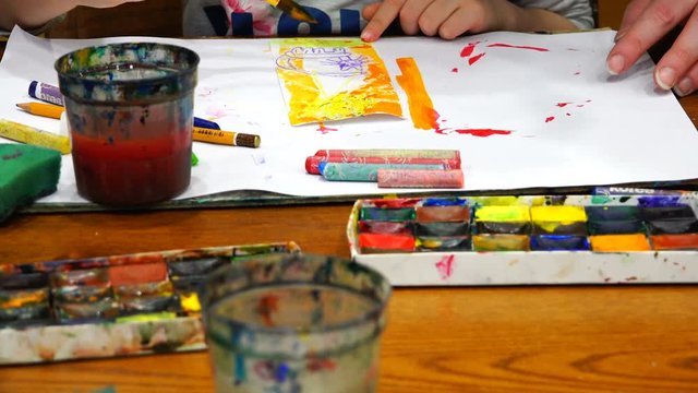 Working area and space on the table of the young artist