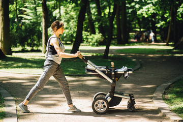 Series photo of happy sporty mother with baby pram workout and warming up bebore jogging in summer...