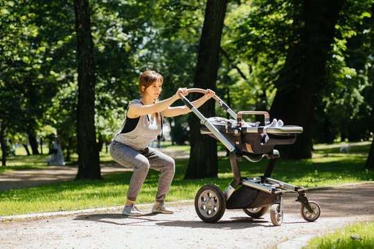 Series photo of happy sporty mother with baby pram workout and warming up bebore jogging in summer park.