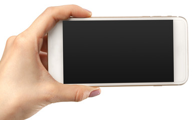 hand hold smartphone mobile isolated on white