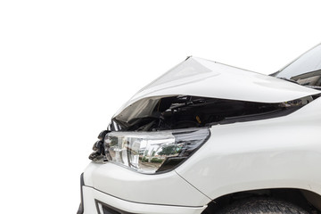 Front of white pickup car get damaged by accident on the road. Isolated on white. Saved with clipping path