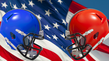 Fototapeta premium American football concept with a red helmet versus a blue helmet with the US flag in the background