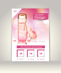Flyer, brochure or magazine cover template. Cosmetic ads poster.3D Realistic shampoo bottle with roses and petals on the pink glowing background, vector illustration