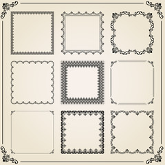 Vintage set of elements. Different square elements for decoration and design frames, cards, menus, backgrounds and monograms. Classic patterns. Set of vintage patterns
