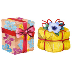 Watercolor birthday gift box illustration. Wrapped gift boxes with a ribbon.