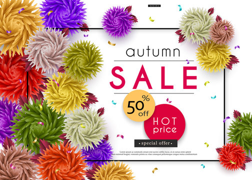 Autumn Sale. 3D stylized multicolored flowers with leaves. Abstract floral origami pattern. Paper art. Vector illustration