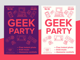 Geek party poster with electronic gadgets from 90s on trendy background. Hipster night club event flyer ad layout with retro and vintage tech devices. Nightclub music invitation banner template.