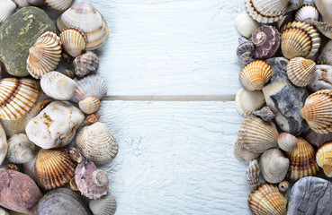 Sea shells arranged on a wooden background, announcement, card or invitation