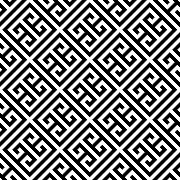 Greek key seamless pattern background in black and white. Vintage and retro abstract ornamental design. Simple flat vector illustration.