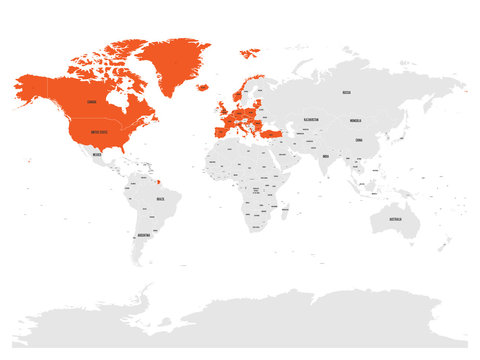 North Atlantic Treaty Organization, NATO, Member Countries Highlighted By Orange In World Political Map. 29 Member States Since June 2017.