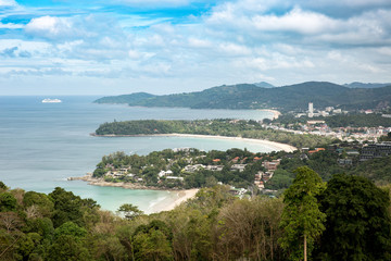 Fototapeta na wymiar Three tropical white sandy beaches with turquoise clear water and palm trees. Top view. Aerial view of Kata, Karon, Patong View Point, Phuket , South of Thailand