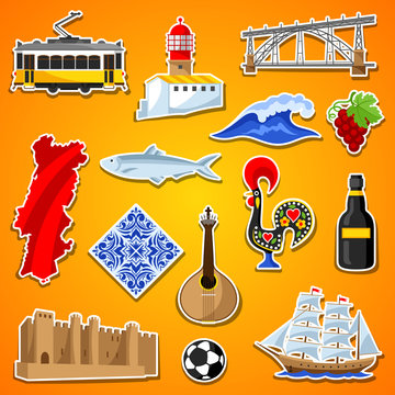 Portugal stickers set. Portuguese national traditional symbols and objects
