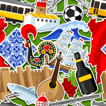 Portugal seamless pattern with stickers. Portuguese national traditional symbols and objects