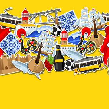 Portugal seamless pattern with stickers. Portuguese national traditional symbols and objects