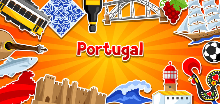 Portugal banner with stickers. Portuguese national traditional symbols and objects