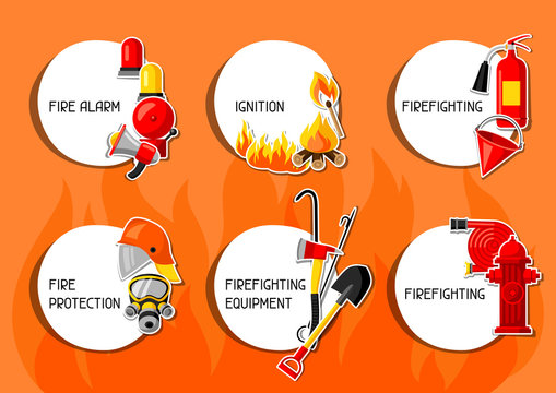 Stickers with firefighting items. Fire protection equipment